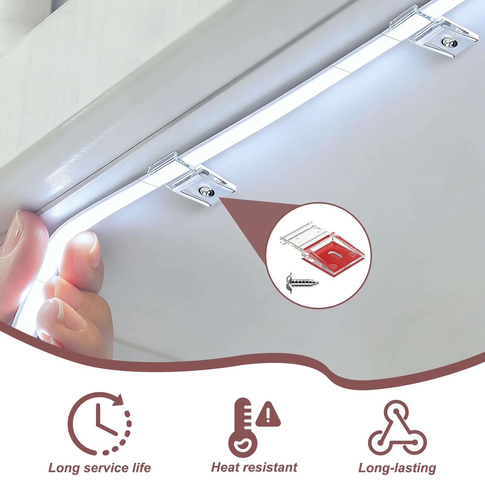 50 pezzi clip di montaggio per strisce LED, supporto per strisce LED trasparente da 10 mm con adesivo e viti, clip di montaggio per strisce luminose impermeabili IP30/IP65, elementi fissaggio discreti