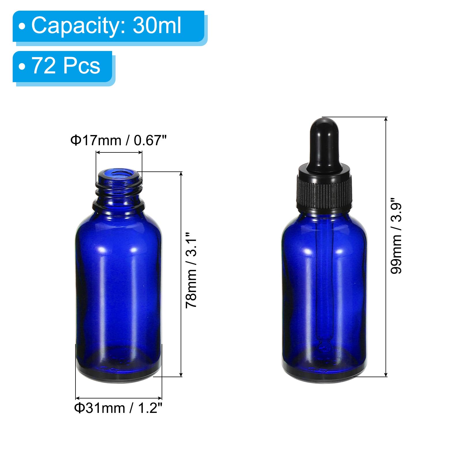 PATIKIL 30ml Glas Pipettenflasche 72 Stück Dichte Ätherische Öle testen Flüssigkeit Parfüm Behälter Mit Pipette Zur Aufbewahrung Zuhause Reisen Blau