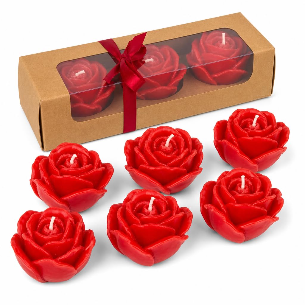 MIJOMA Set di 6 candele a forma di rosa, senza profumo, circa 6 x 4 cm, set regalo con elegante confezione, decorazione per occasioni romantiche