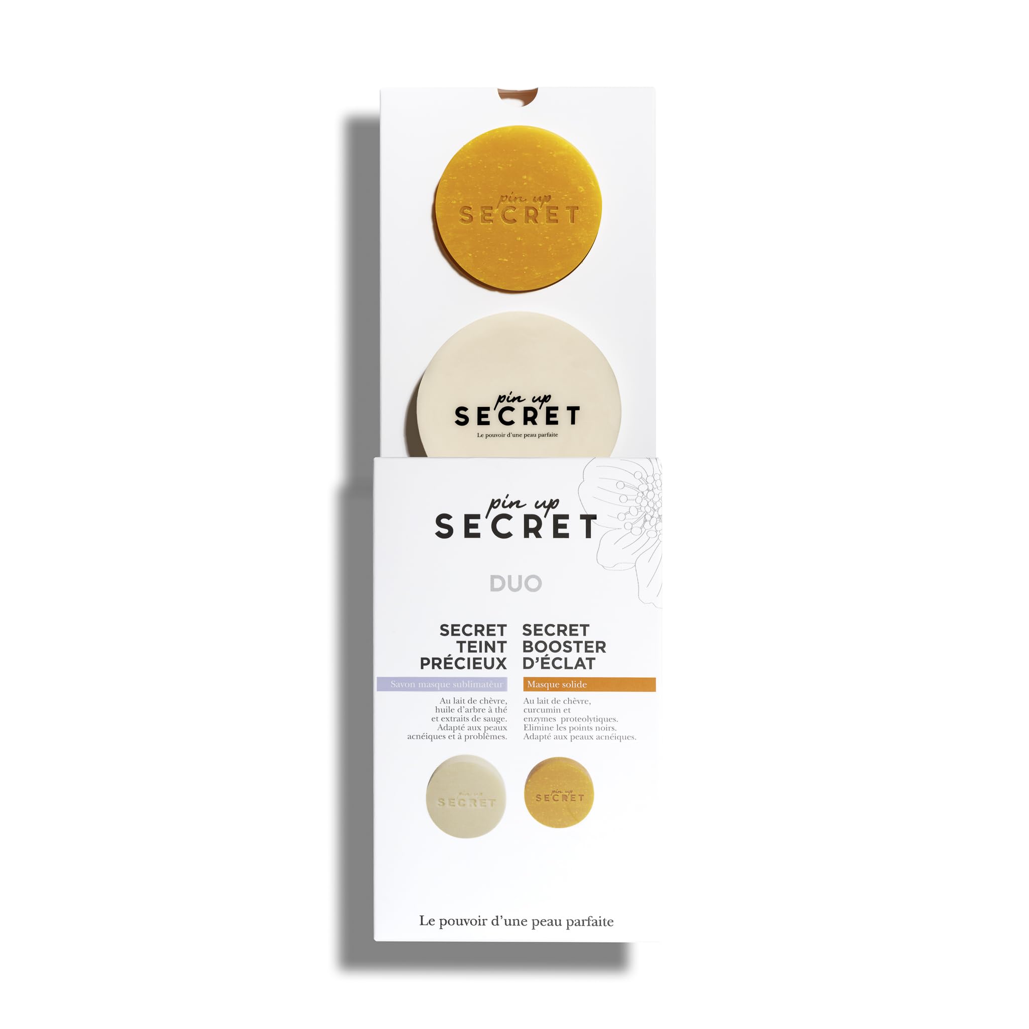 PIN UP SECRET - Duo-Set mit Ziegenmilch & Kurkuma - 1 Seife Secret Teint Précieux und 1 Maske Secret Booster d'Éclat - Reinigt das Gesicht - Beseitigt Unreinheiten & Mitesser - Alle Hauttypen