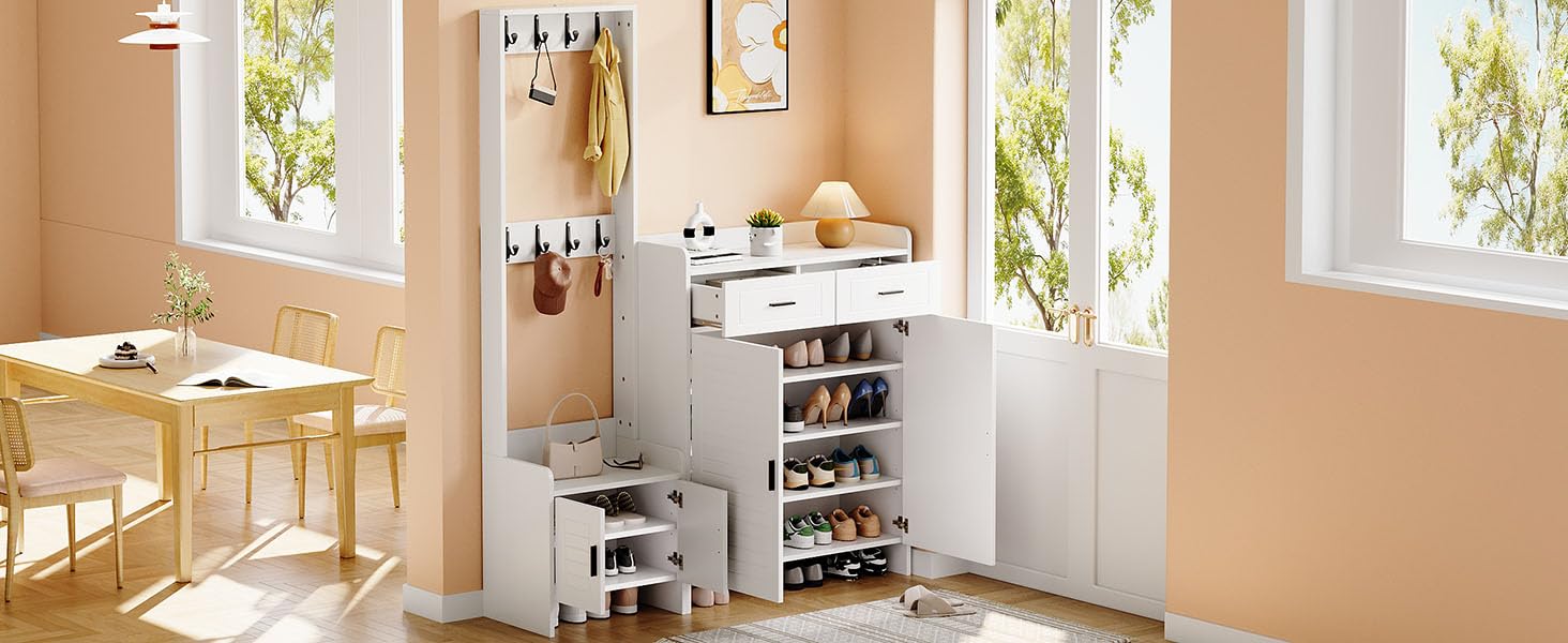 Generisch Garderoben-Schuhschrank-Set Eingang Weiß 125x36x165cm 8 Haken