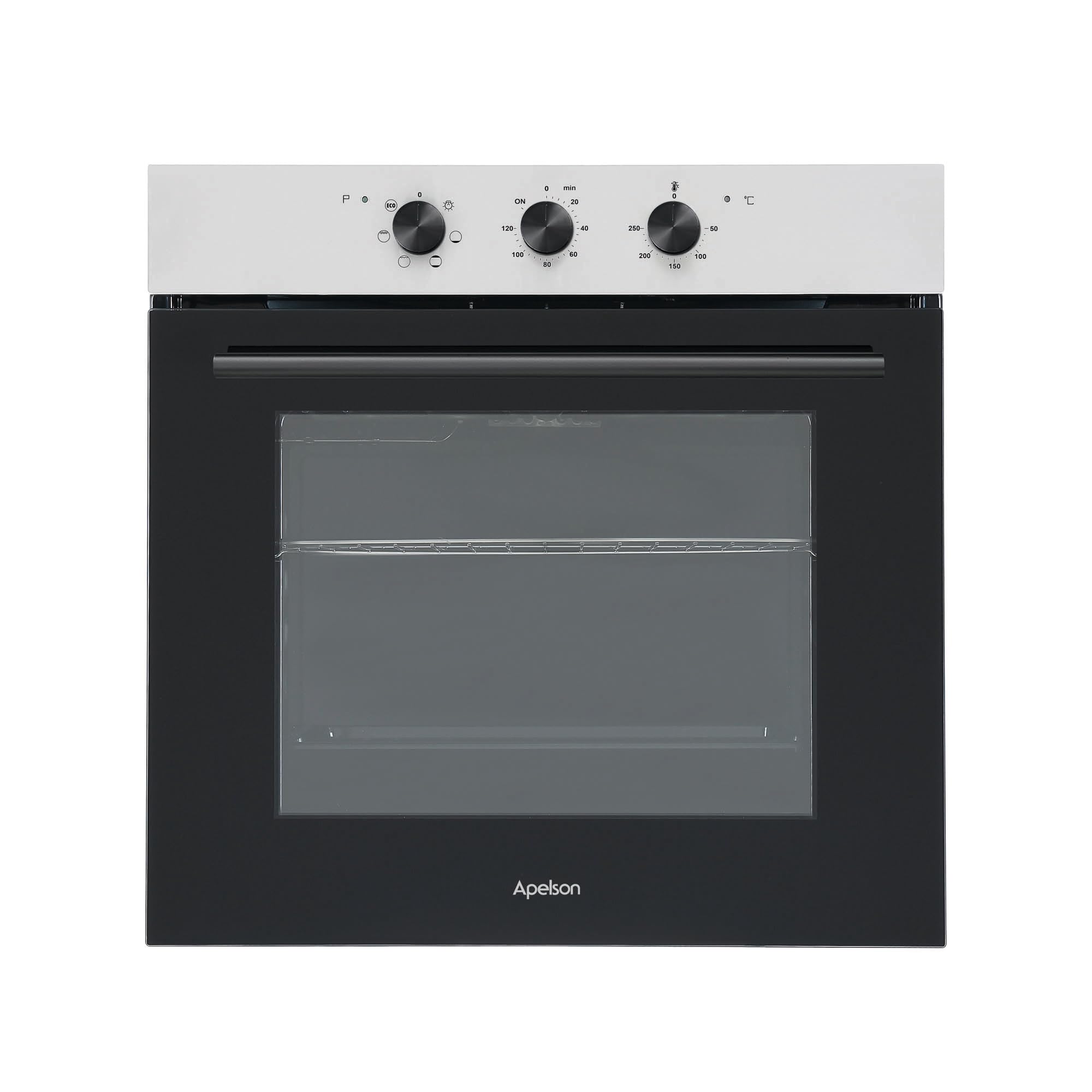 Apelson Horno Estático Multifunción AMS 5001 76L, 6 Funciones de Cocción, Puerta Fría Triple Cristal, Programador Mecánico con Paro Automático, Clase A, Acabado Inox y Cristal Negro,