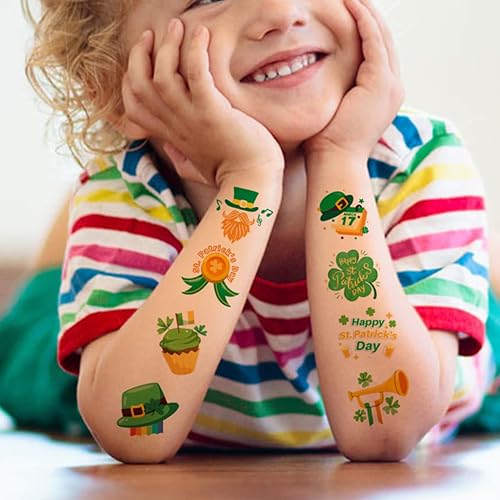 Vista 4 de Tatuajes temporales del día de San Patricio para suministros de fiesta de niños, 74 hojas individuales, tatuajes del día de San Patricio para niños