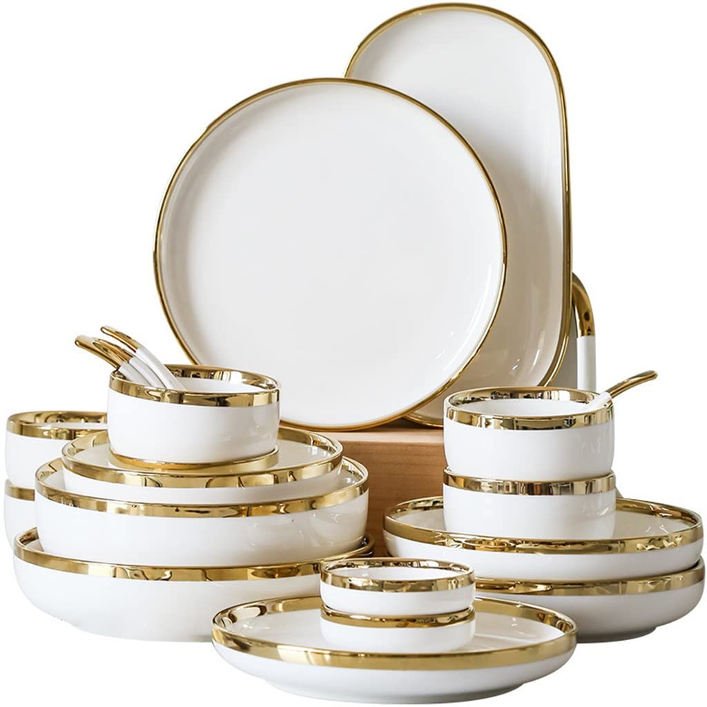 Nordic Gold Inlay biała porcelanowa zastawa stołowa zestaw - eleganckie ceramiczne talerze miski i naczynia do jadalni w domu i hotelu - kolekcja zastawy stołowej najwyższej jakości
