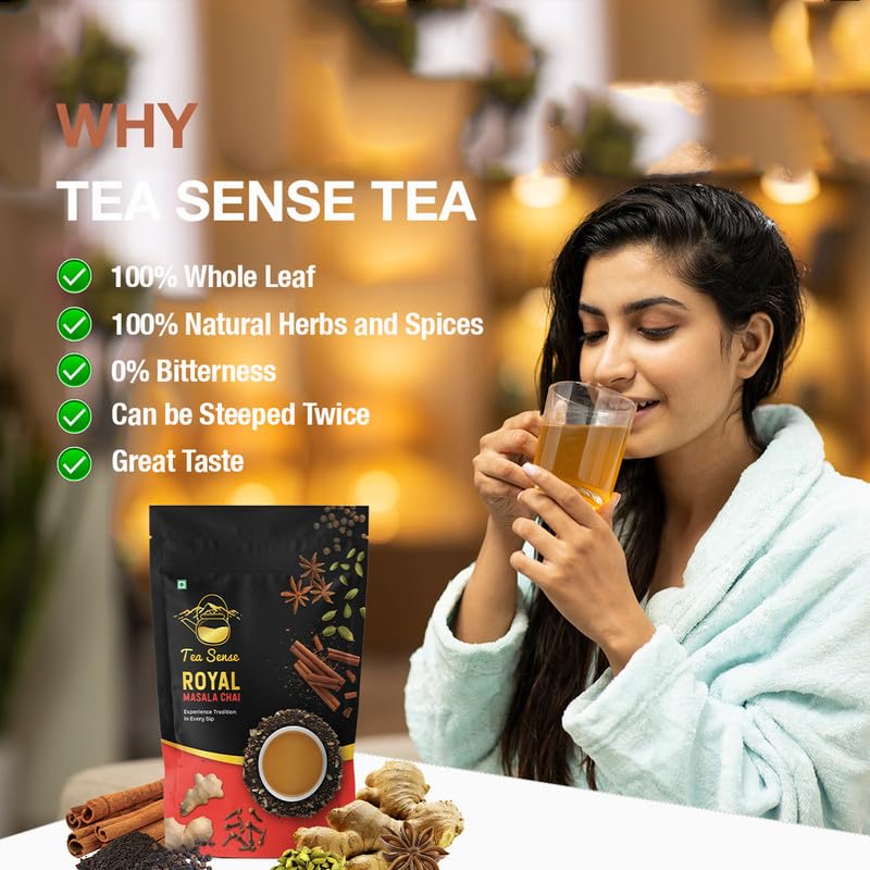Image of TEA SENSE Royal Masala Chai | 200 g | Strong & Kadak | Assam CTC, Ginger, Cardamom, Clove, Cinnamon, Black Pepper, Star Anise | Chaipatti
