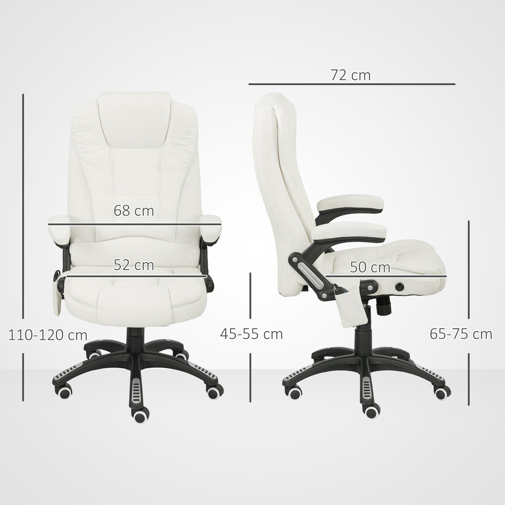 Vinsetto Bürostuhl mit Massagefunktion Ergonomischer Chefsessel mit Heizfunktion, Liegefunktion, Wippfunktion Höhenverstellbar 360° Drehbar Computerstuhl mit Seitentasche, Leinenoptik, Cremeweiß
