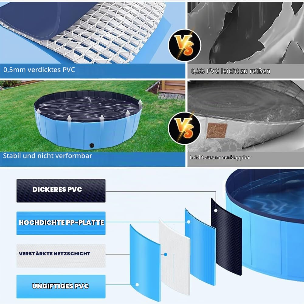Hundepool 120x30 Faltbar, Hundeplanschbecken, Keine Pumpe benötigt, aus kratzfestem PVC-Material, Anti-Rutsch-Belag & schnelle Entleerung, Hundebadewanne mit Badebürste Ablassventil PVC-Aufnäher x 4