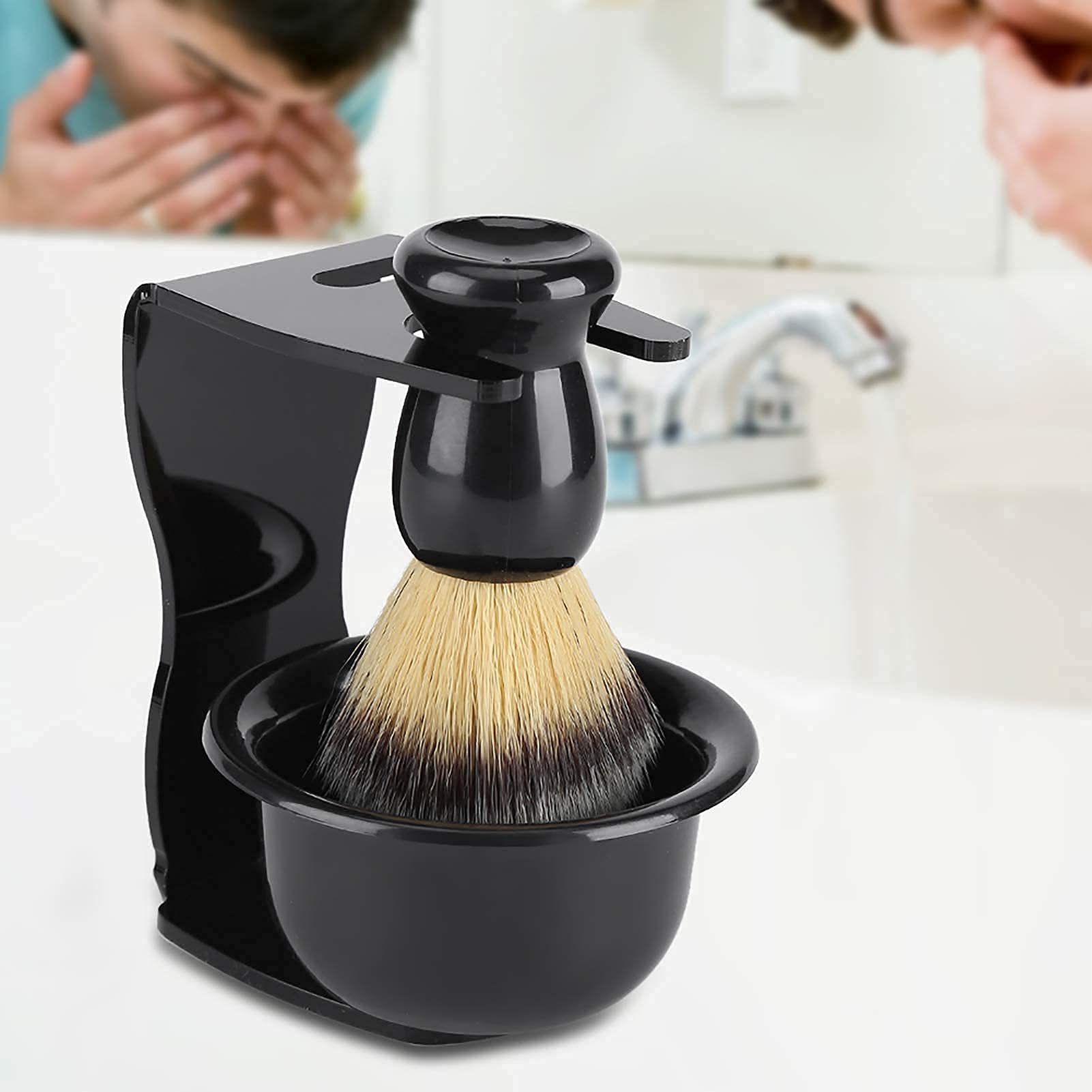 Juego de Afeitado, Soporte de Resina ABS para Afeitar Madera para Hombres, Soporte para Afeitar, Cuenco de acrílico, Juego de brochas con maquinillas de Afeitar manuales