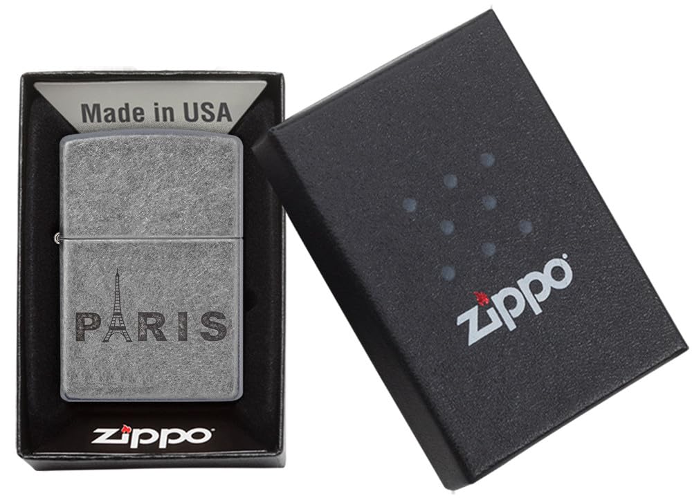 Zippo Zapalniczka Sztormowa, Paryska Wieża Eiffla, Srebrna Antique Silver, Lustre, Wielokrotnego Użytku, Wiatroszczelna Konstrukcja, Pudełko Prezentowe, Wyprodukowana w USA