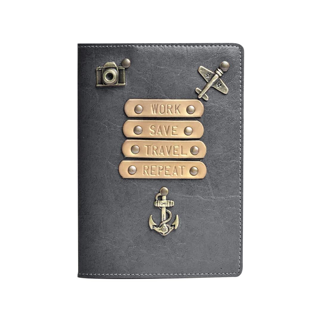 Unisex Passport Cover for Men, Women | Work Save Travel Repeat | Vegan Leather Passport Cover Case Travel Accessories (Grey)-image-45