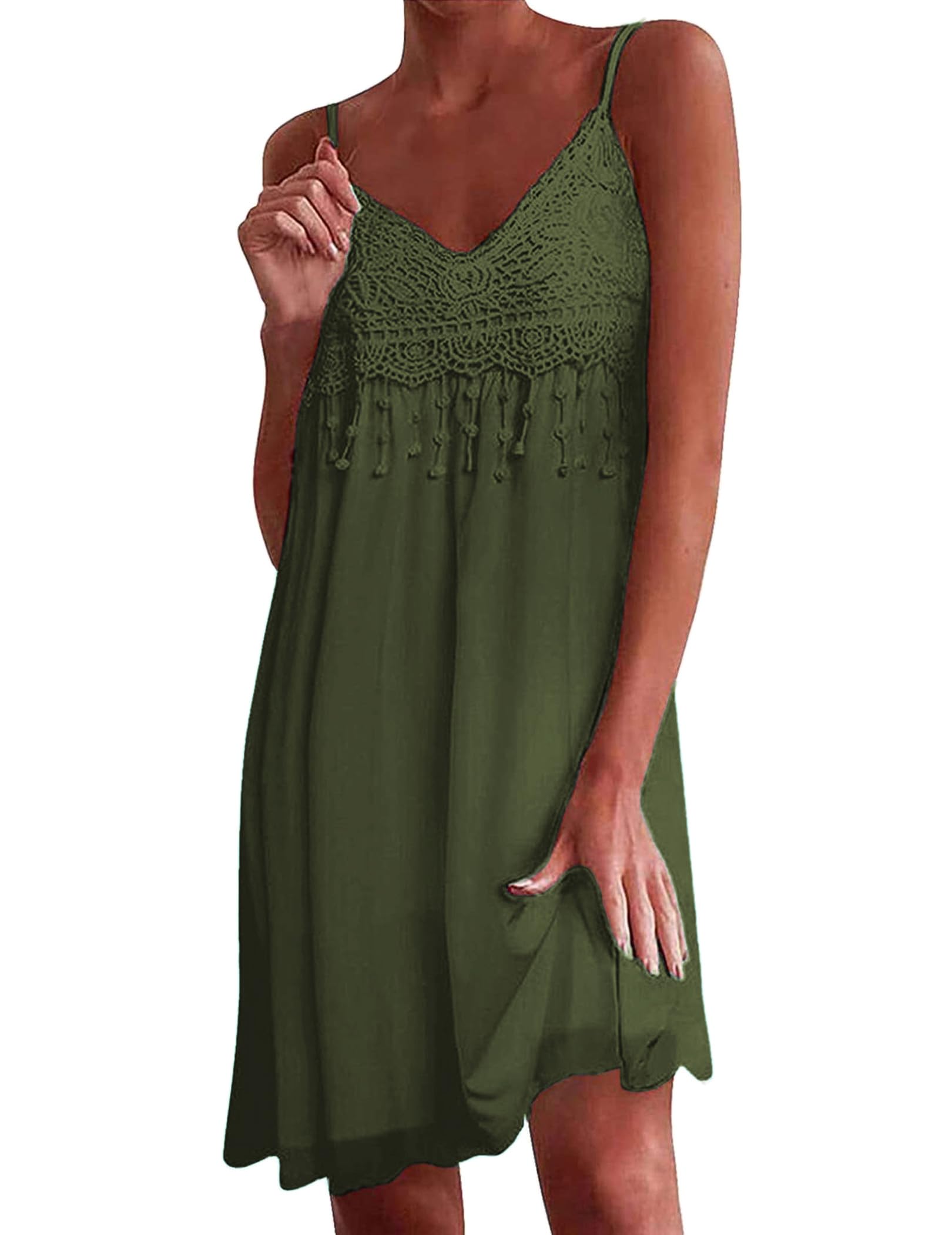 Zeagoo Damen Spitze Sommerkleid Spaghetti Trägerkleid Sommer Minikleid Ärmellos Boho Strandkleid mit Fransen V-Ausschnitt Freizeitkleid