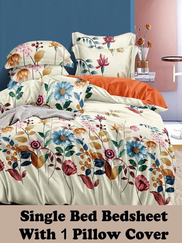 Image of Polycotton Single Bed Bedsheet, Flat Sheet with 1 Pillow Cover, Queen (60x90 inch), 300 TC, Multi & Cream, Set of 2