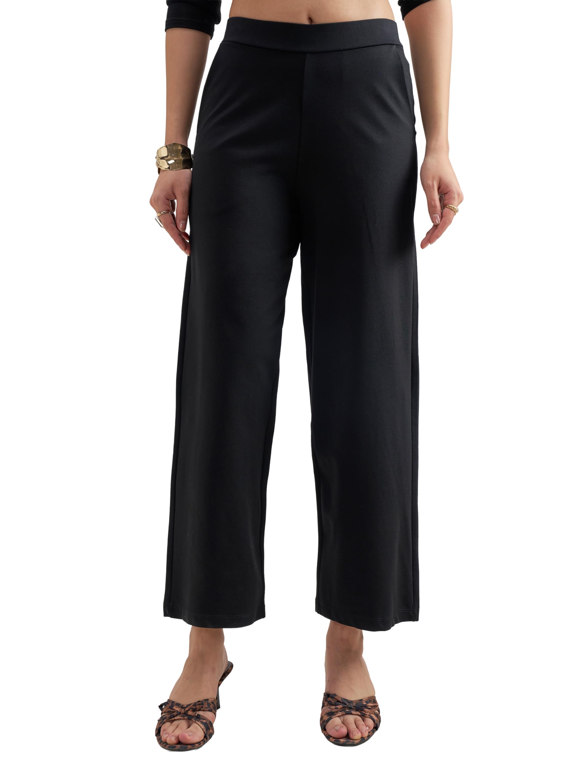 Tokyo Talkies Women's Wide Leg Straight Trousers with Slant Pockets and Back Pocket in neutral