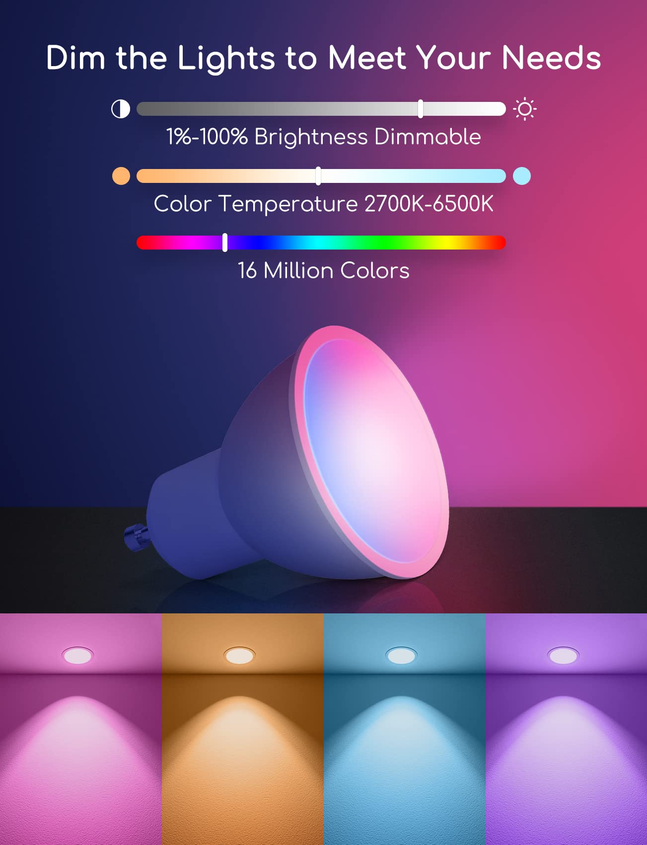 Aigostar Lampadine LED Alexa GU10 SL2 Lampadina WIFI Smart 6.5W 555LM , Dimmerabile RGB & 2700K-6500K , Controllo App , 26 Simulazioni di scena , compatibile con Alexa/Google Home , 6 Unità.