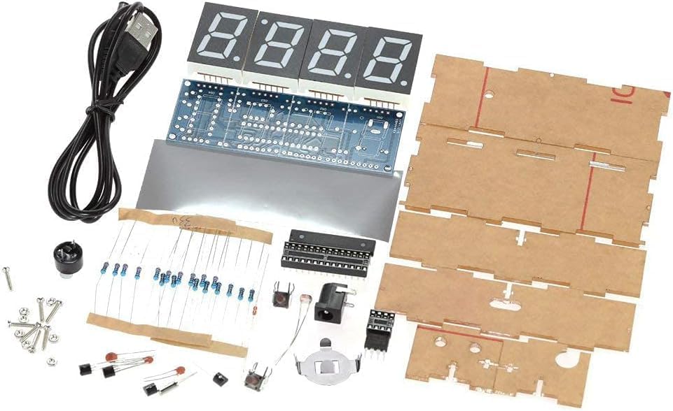 Assembled DIY-Kit 4-Digit LED Digital Clock with blue LED display and transparent acrylic case.