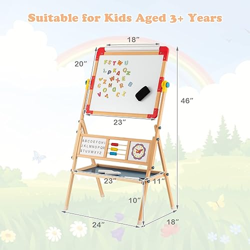 Miniatura 6 de GLACER Caballete de arte de madera para niños, caballete de pintura de doble cara 3 en 1 con pizarra blanca, pizarra y rollo de papel, caballete de