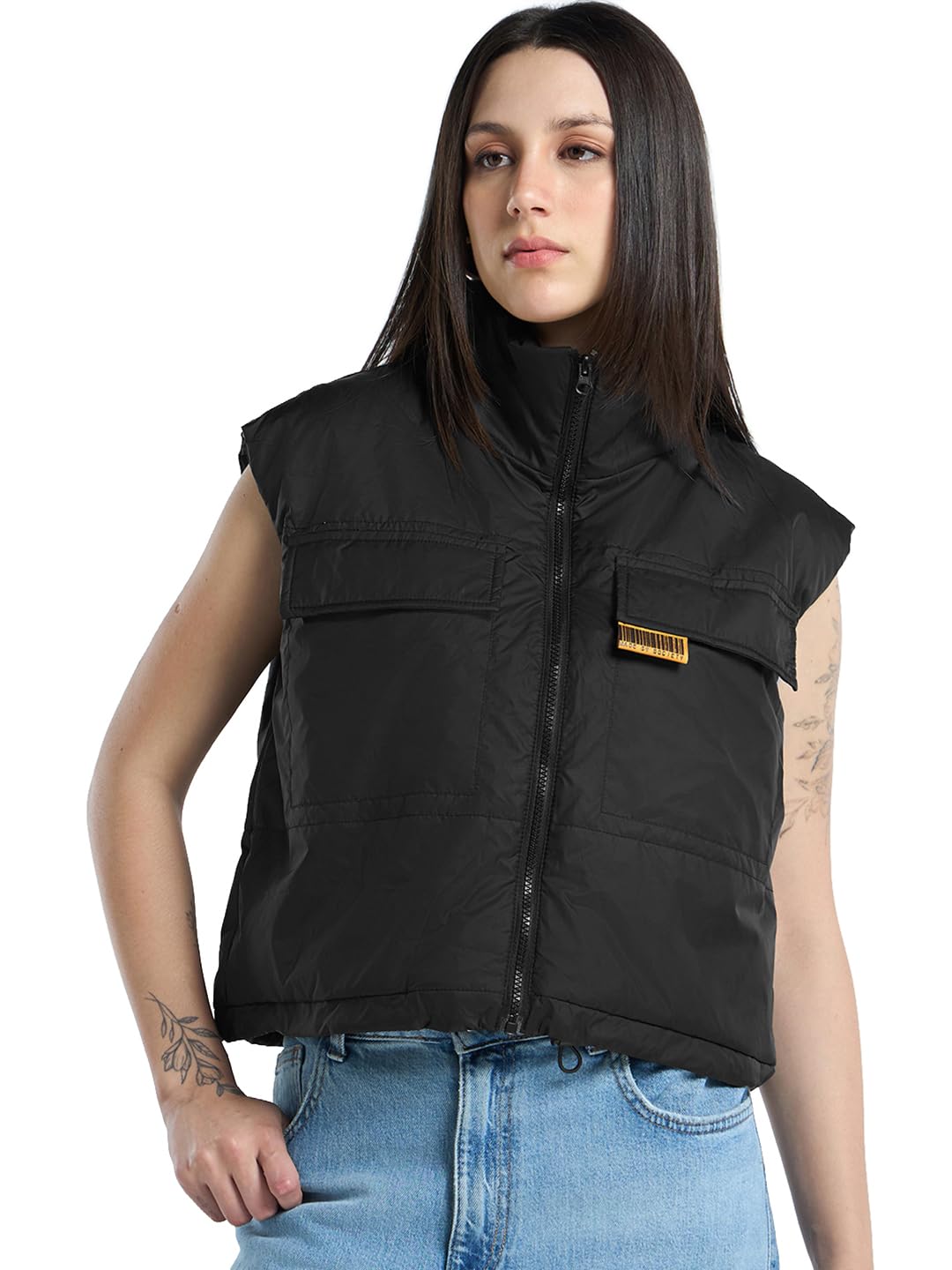 bewakoof Women's Solid Oversized Fit Sleeveless High Neck Nylon Jacket-picture-13
