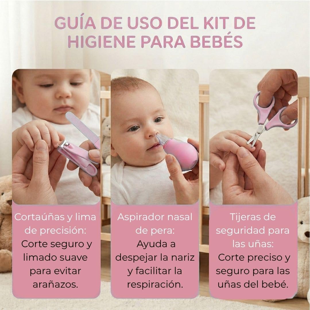 Kit de Cuidado e Higiene para Bebé | Estuche Portátil con Cepillo y Peine, Tijeras, Lima, Cortaúñas, Termómetro Digital, Aspirador Nasal y Protector de Chupete (Rosa)