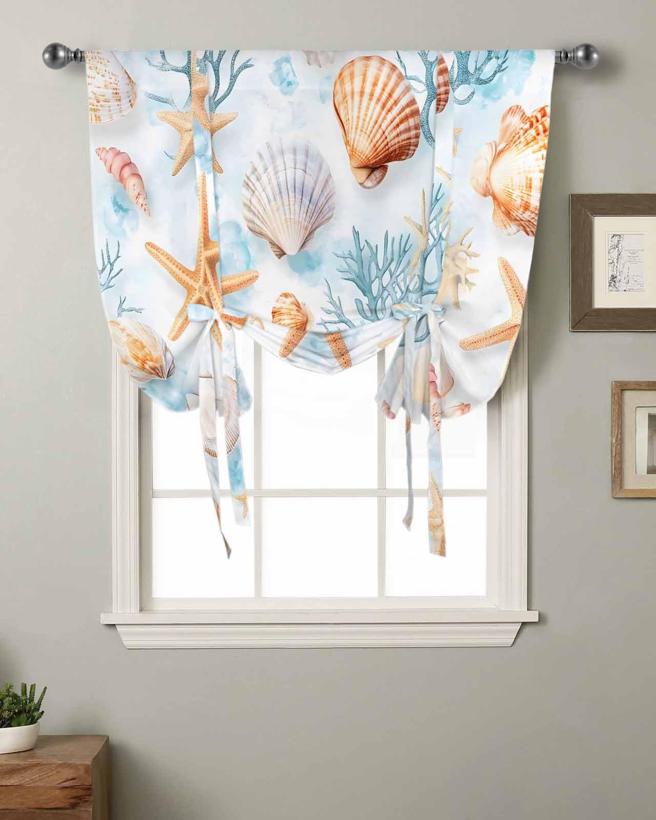 Tie Up Curtains for Kitchen Windows,Summer Ocean Starfish Coral Shell Adjustable Balloon Shade Curtain Panel Rod Pocket Drapes for Small Window Decor 34