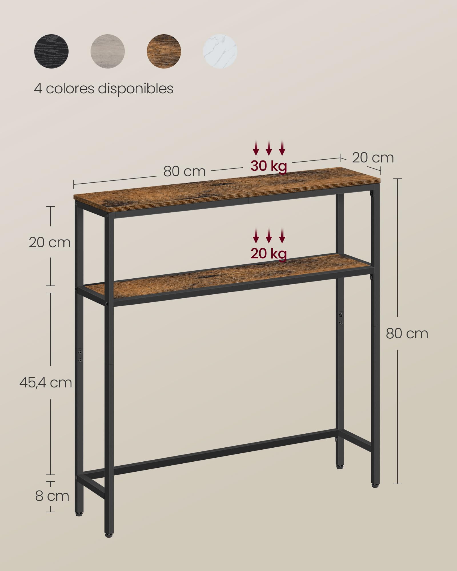 VASAGLE Mesa de Consola de 2 Niveles, Mesa Auxiliar con 2 Estantes, 20 x 80 x 80 cm, para Sala de Estar, Pasillo, Recibidor, Marrón Rústico y Negro Tinta LNT130K01