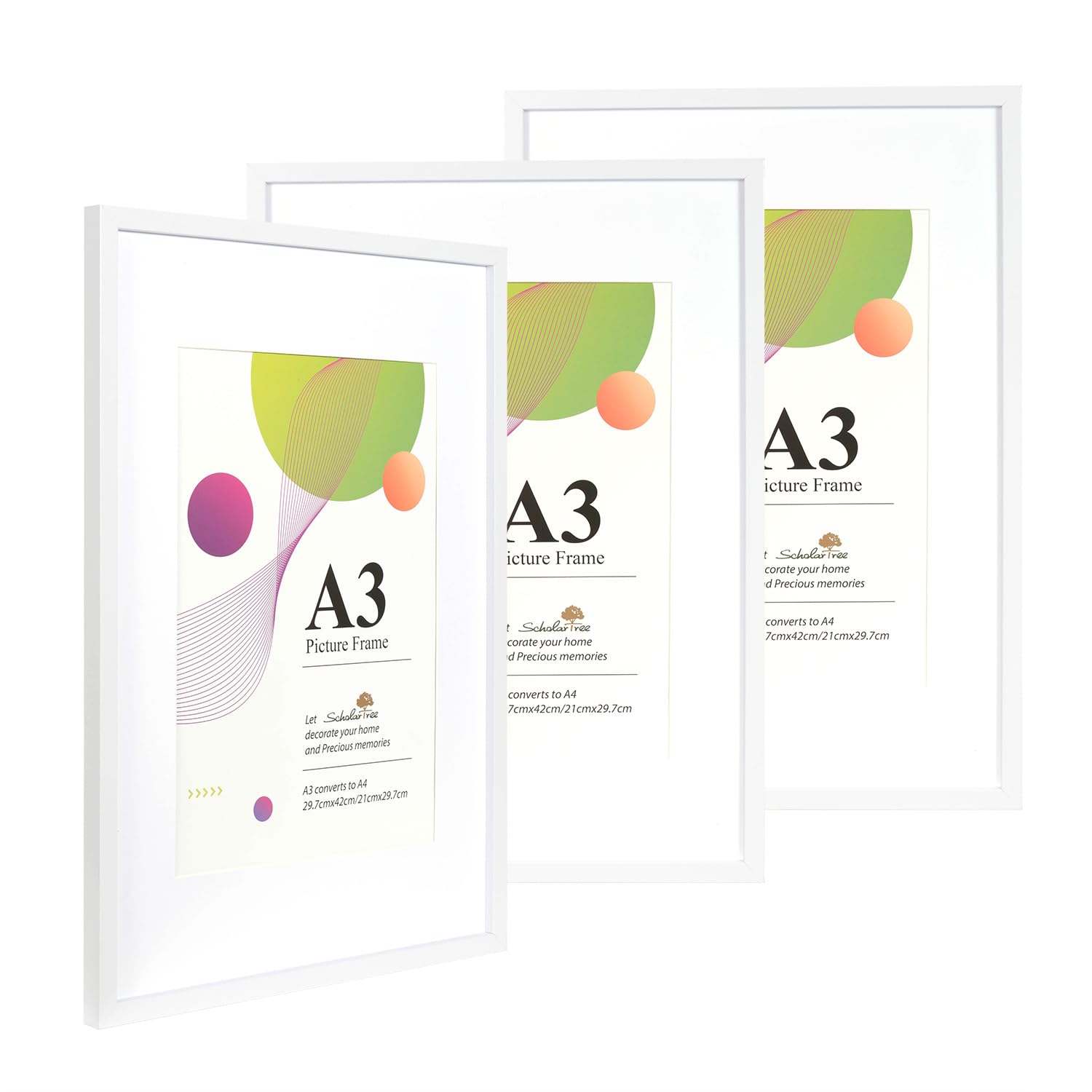 Scholar Tree A3 White Frame - 3 Pack A3 Picture Frame, White Picture Frames 29.7 x 42cm, A3 Picture Frames with Wall Hanging, Wooden Photo Frames with A4 Mount