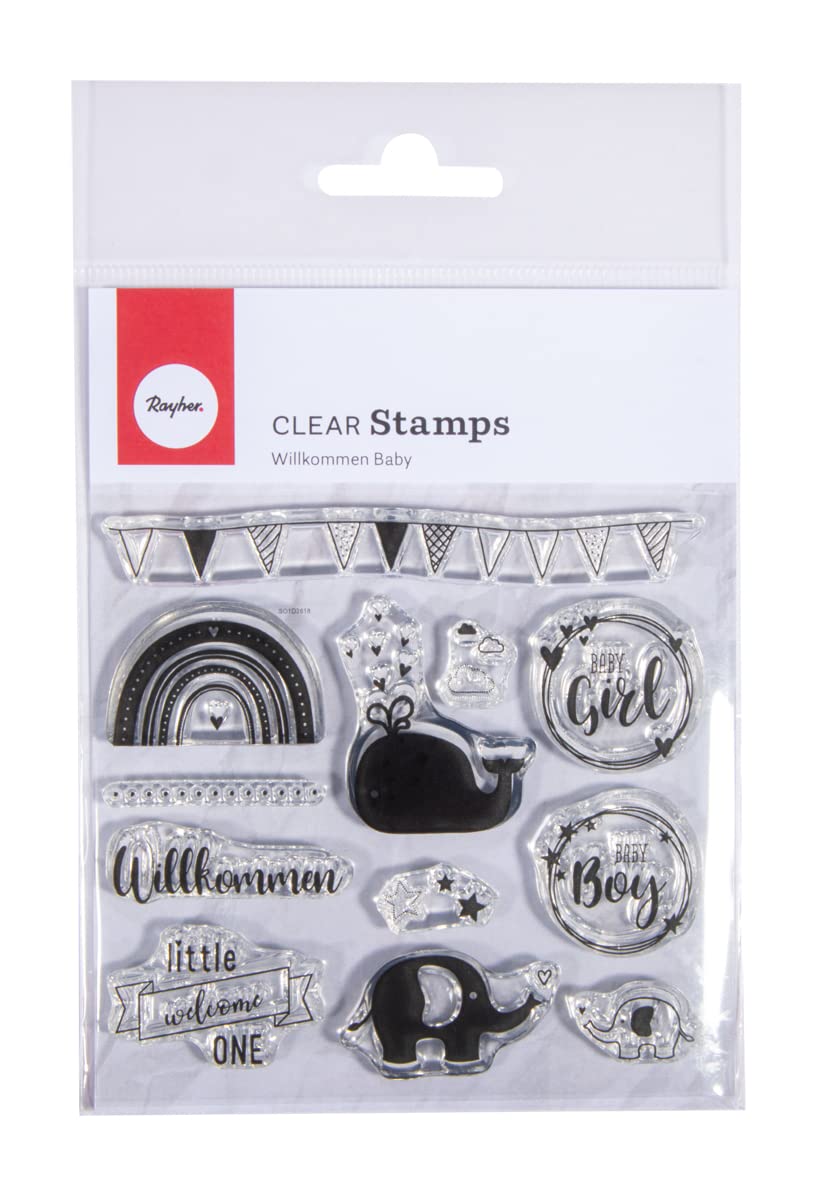 Rayher Set of 12 Clear Silicone Stamps for Card Making and Crafting Stamps with Baby Phrases, Elephant and Rainbow Designs