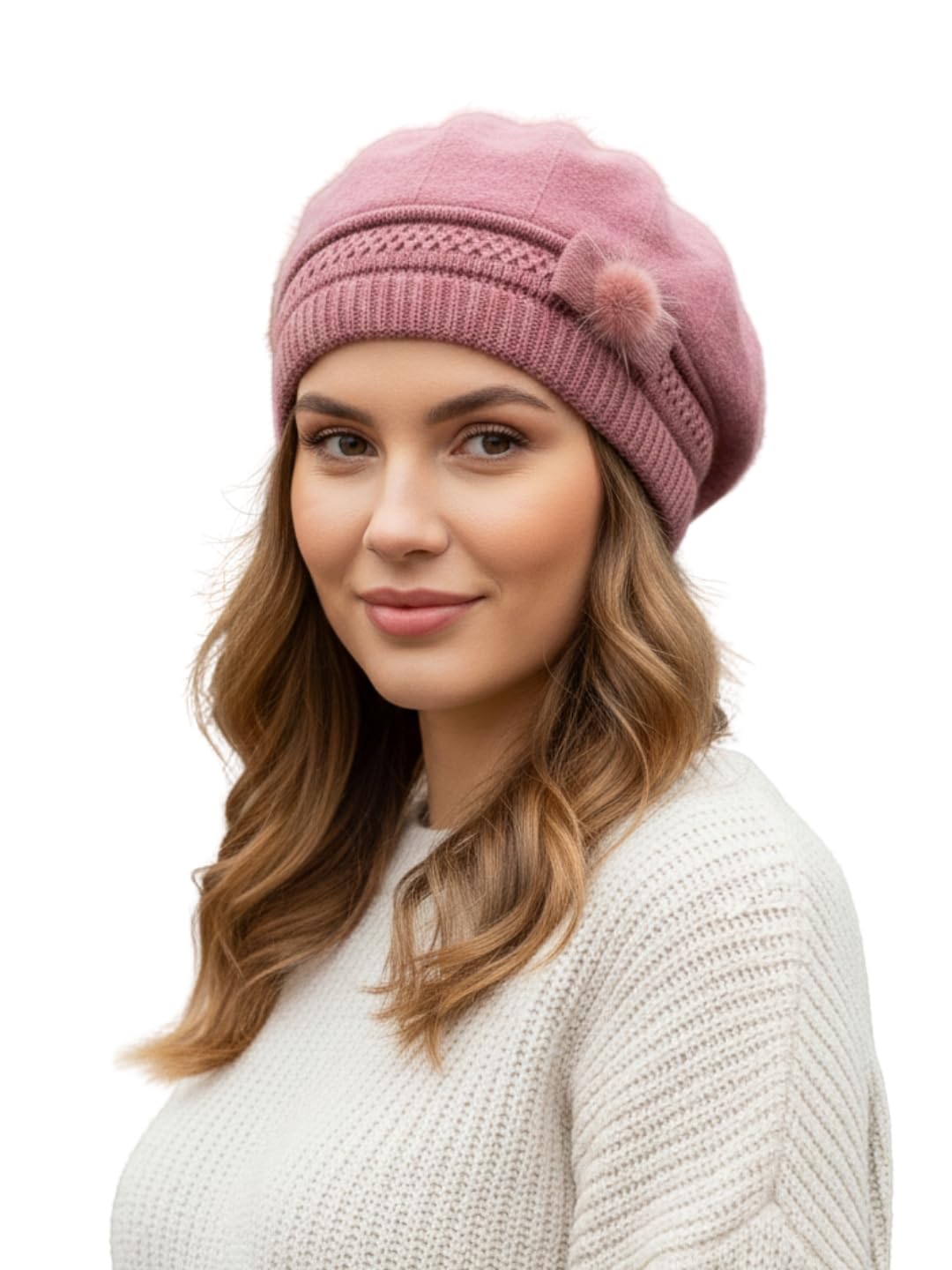 Women Winter Caps for Women, Soft Warm Snow Proof Beanie Cap, Woolen Knit Beanie Hat for Women's Girl's - Free Size (WC4124D, Taffy Pink)
