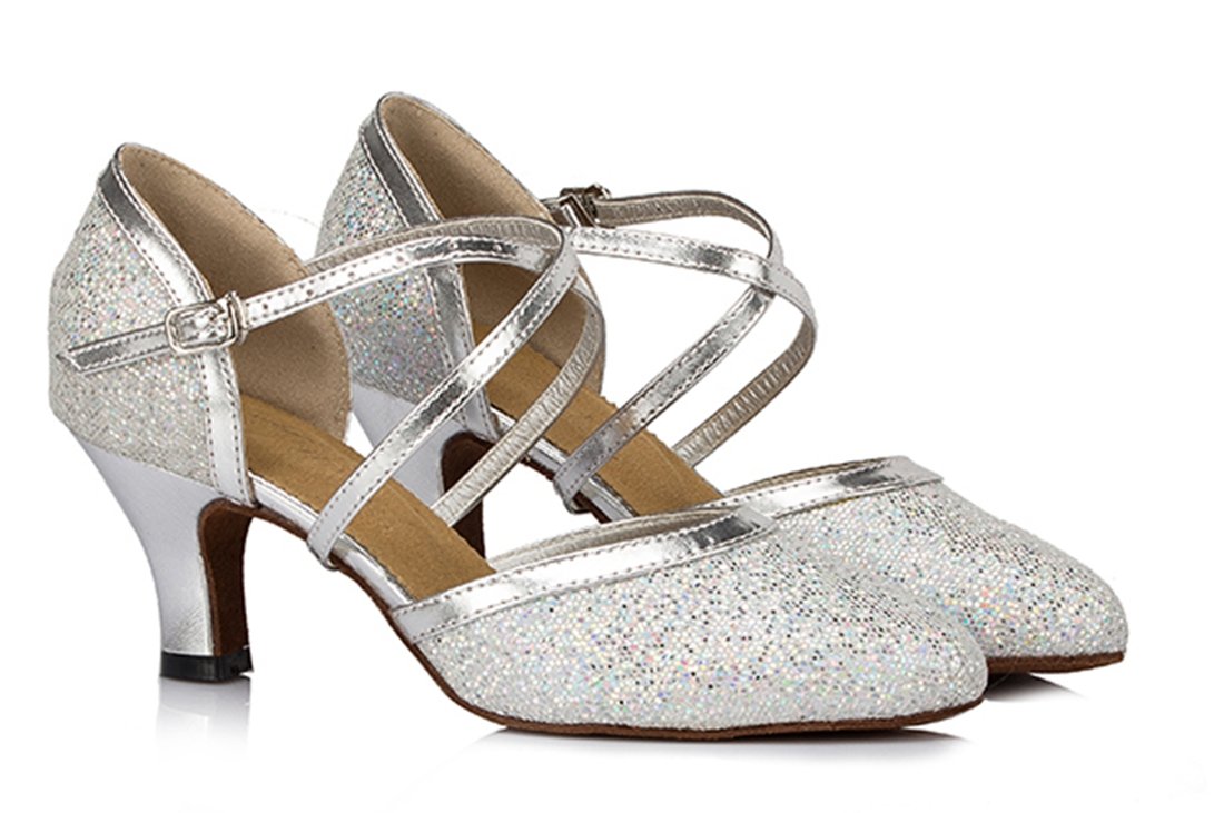 TDA Women's Closed Toe Ankle Strap Glitter Silver Synthetic Tango Latin Modern Dance Wedding Shoes 7 M US