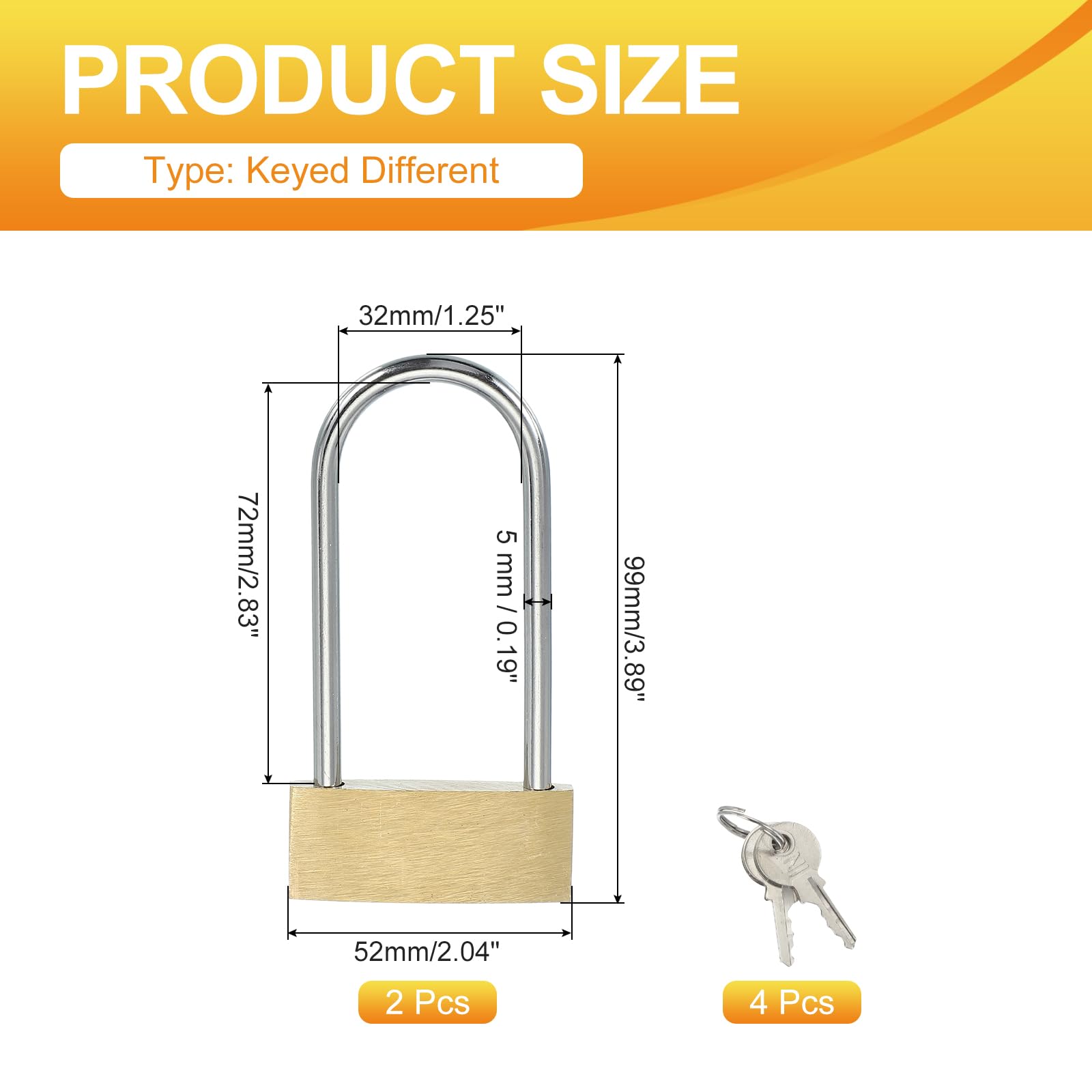 PATIKIL Solid Brass Padlocks 3.8", 2 Pcs Long Shackle Lock Padlock with 2 Keys Weatherproof for Gym Locker Gate Fence Outdoor Indoor - Image 2