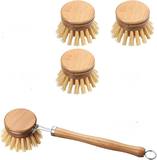 Set of 4 dish Brushes Wooden Kitchen Brushes with Handle Wood Wooden
