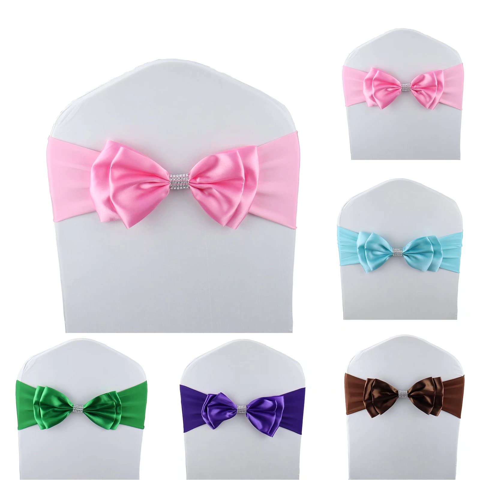 MYS QiQi 6 PCS Double Bows Stretch Chair Sashes, for Wedding Party Chair Cover Decoration, Spandex Stretch Chairs Bands (Pack of 6 Pink)