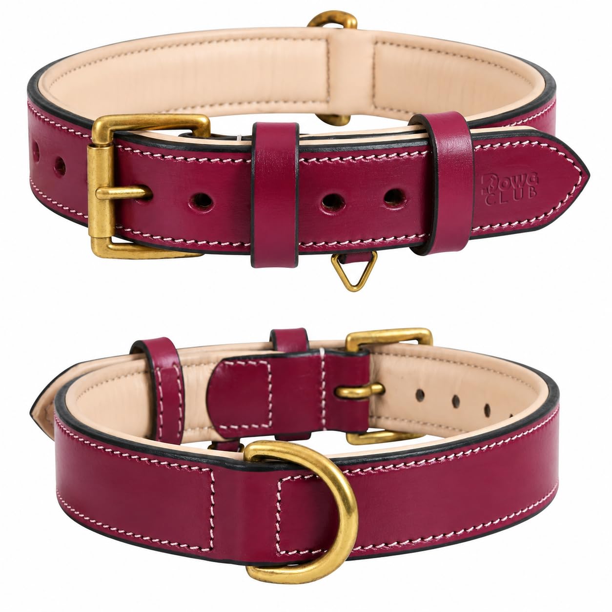 DowgClub Genuine Leather Dog Collar, Dark Pink, Medium, Soft Padding