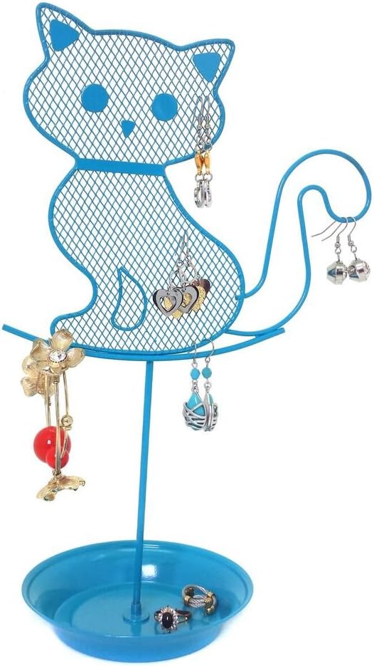 Bucasi Cute Cat Jewelry Organizer – Blue Earring Jewelry Stand – Turquoise Dresser Top Jewelry Organizer for Teens – Earring Holder