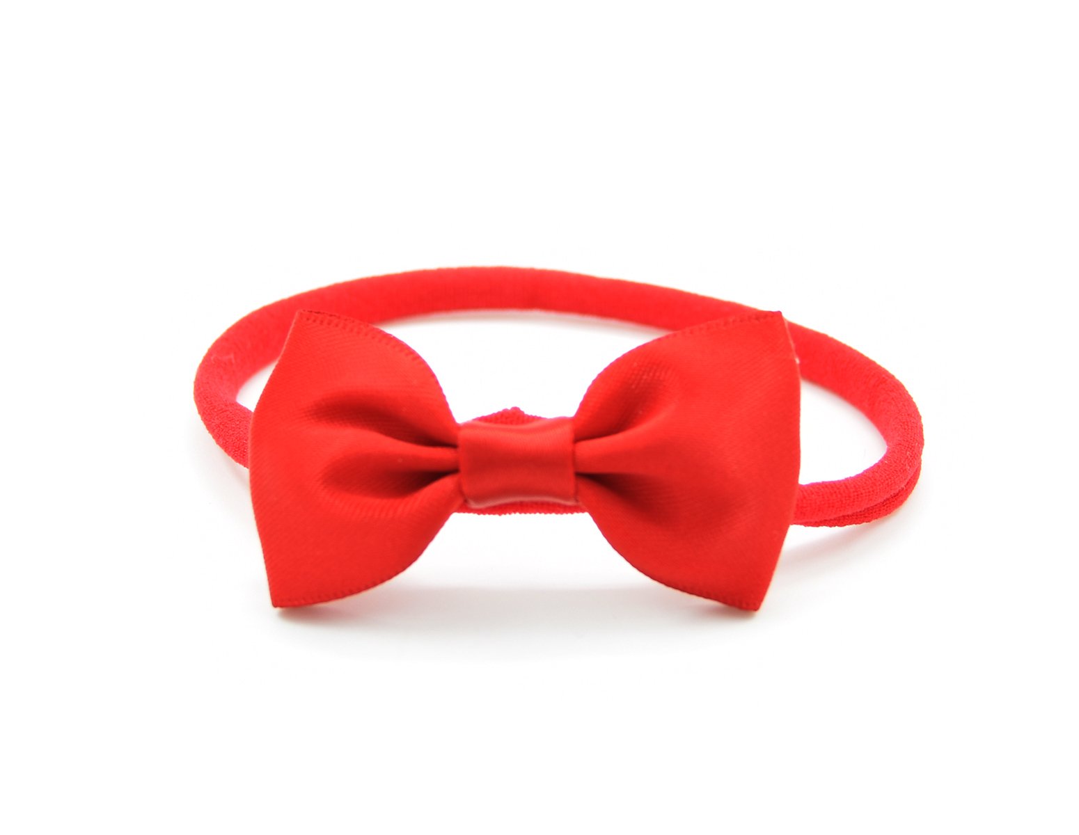 PrettyBoutique Baby Girls Satin Bow Soft Skinny Elastic Nylon Headband Hair Band Accessories (Red)