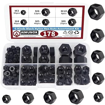 178pcs Metric Black Hex Nuts Assortment Kit, M3 M4 M5 M6 M8 M10 Assorted Metric Hardware Nuts Set, 6 Sizes Nylon Hex Nuts for Screw Bolt