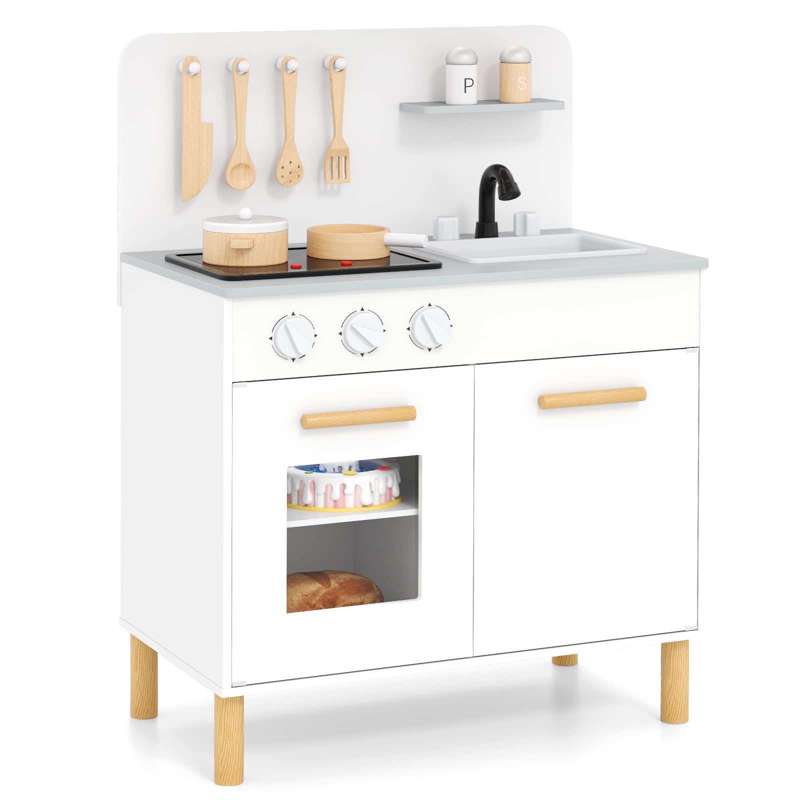 GYMAX Kids Play Kitchen, Wooden Toy Kitchen with Sound, Lights, Oven, Utensils, Sink & Faucet, Children Pretend Kitchen Role Playset for 3+ Years Old (White)