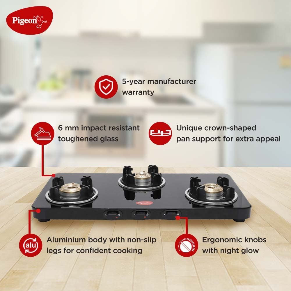 Pigeon Sleek 3 Burner Ultra Slim Gas Glass CookTop Manual ignition features