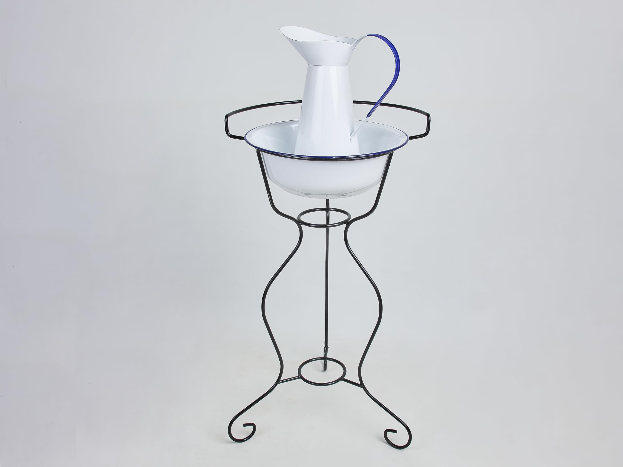 Conjunto Decorativo Vintage con Palangana y Jarra Esmaltadas – con Soporte de Forja, Altura Total 81 cm