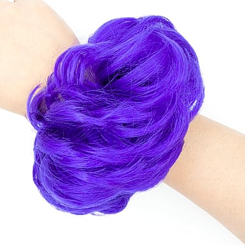 Miniatura 4 de Moño de pelo desordenado, piezas de cabello para mujeres y niñas, extensiones de cabello sintético ondulado rizado para coleta (morado y azul)