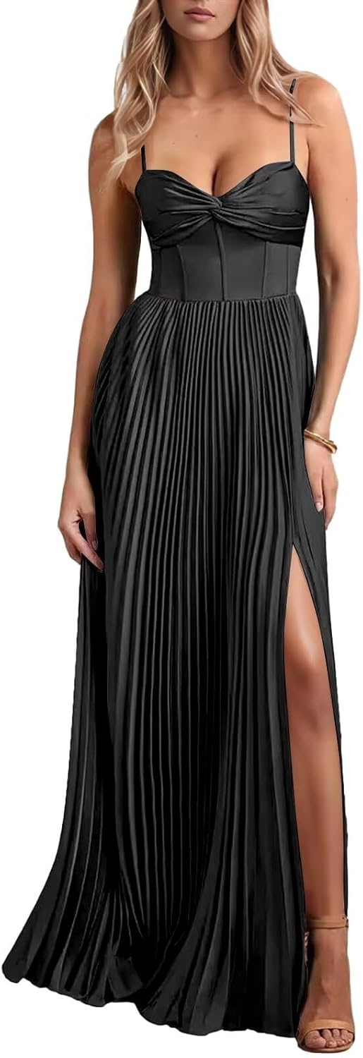 RunaCelle V Neck Satin Bridesmaid Dresses for Women with Slit Spaghetti Straps A Line Pleated Maxi Formal Evening Dress