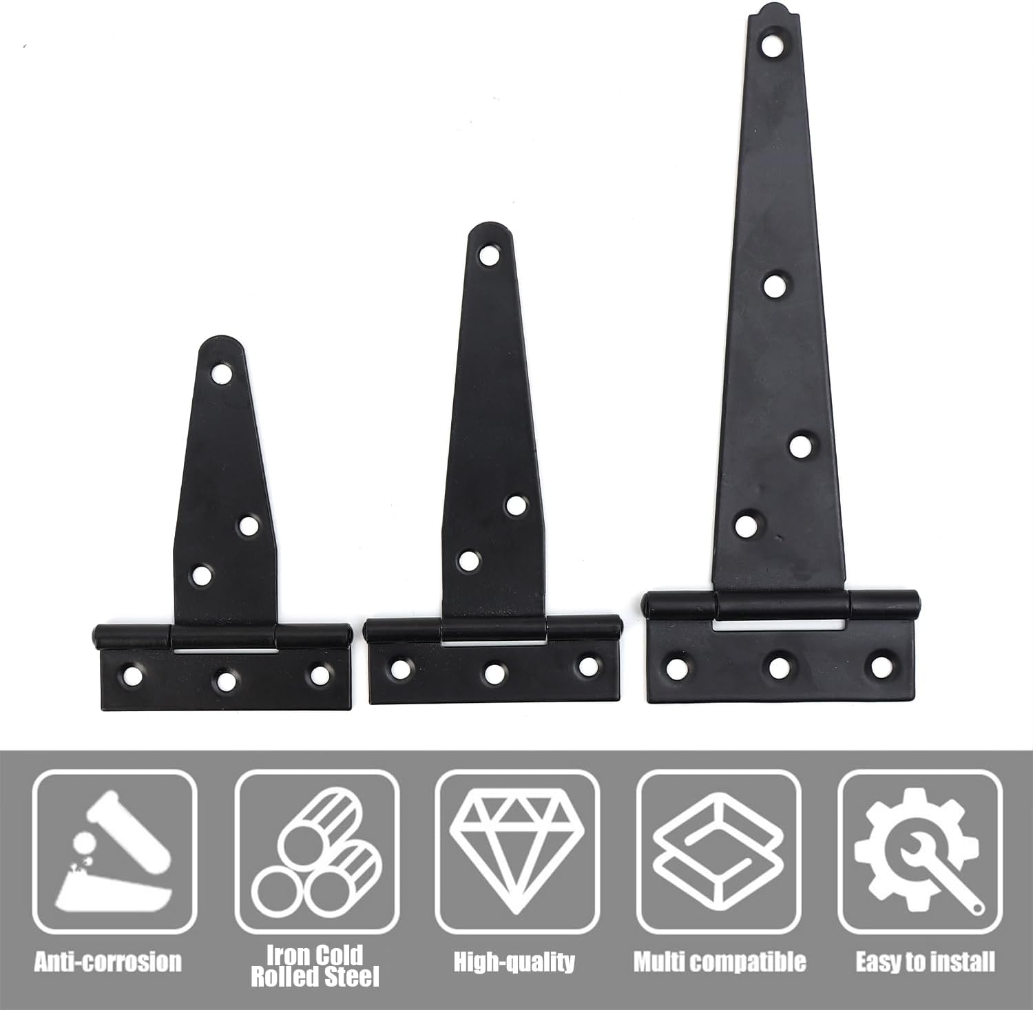 1Set T-Strap Gate Hinge with 7 Screws, Heavy Duty Shed Barn Door Hinges, Black Tee Hinges for Wooden Fence, Yard Gate (3 Inches)