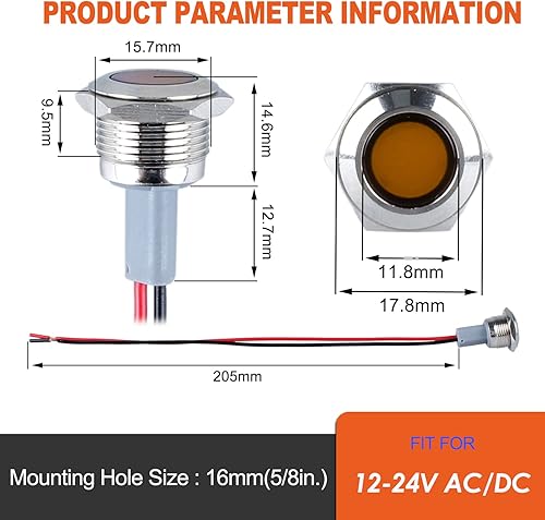 Miniatura 21 de 2 luces indicadoras LED de 0.630 in (5/8 pulgadas), 12-24 V AC/DC 20 mA ahorro de energía de metal impermeable IP67 lámpara piloto de una sola Verde