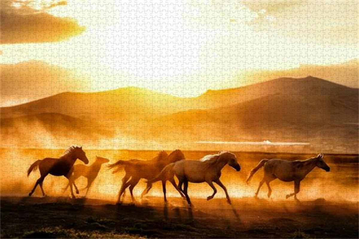 Caballos al atardecer - Rompecabezas de madera de 8000 piezas - Rompecabezas para colección de juegos familiares Decoración del hogar