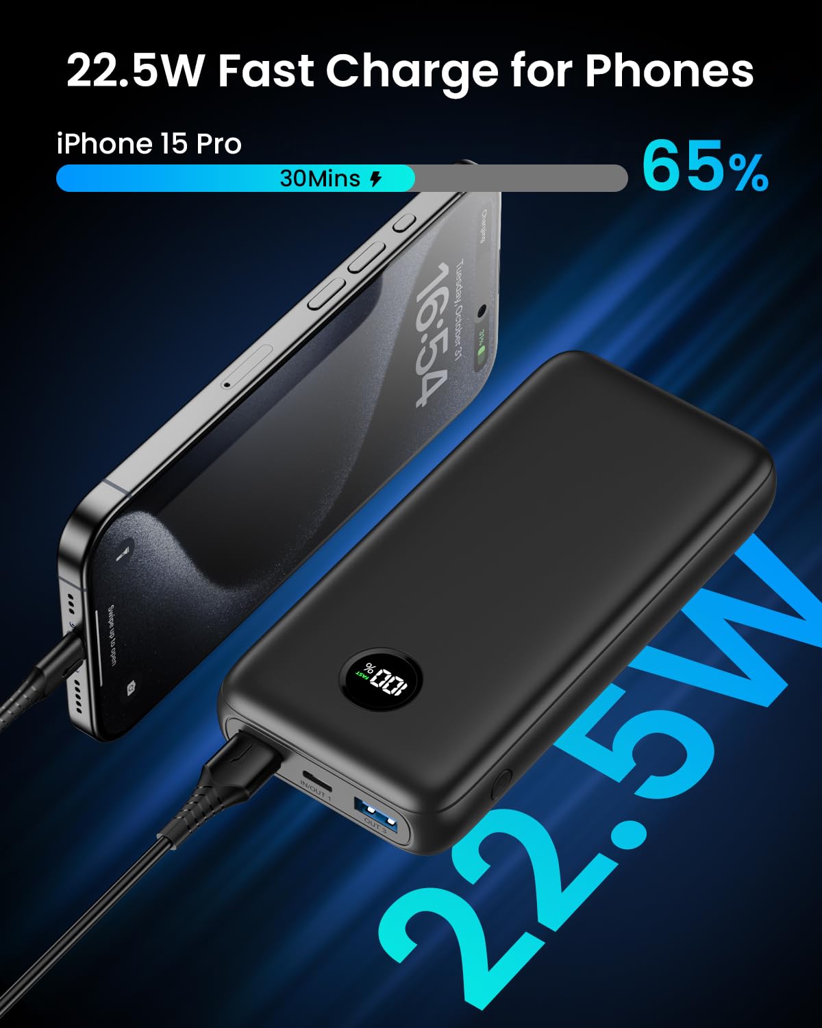 SOARAISE Power Bank 27000mAh, 22.5W Batteria Esterna Ricarica Rapida con USB C Input & Output, PD3.0 QC4.0 Caricatore Portatile con 3 Uscite USB e Display Digitale LED per iPhone Samsung Tablet