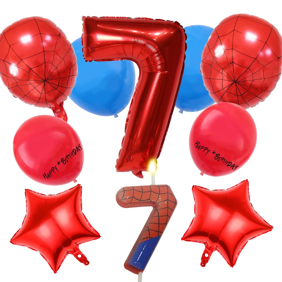 Cartoon Heroes Spider 7rd Birthday Decorations - 32inch Number 7 Balloons and Candles, Aluminium Spider Pattern Balloons for Kids Birthday & Baby