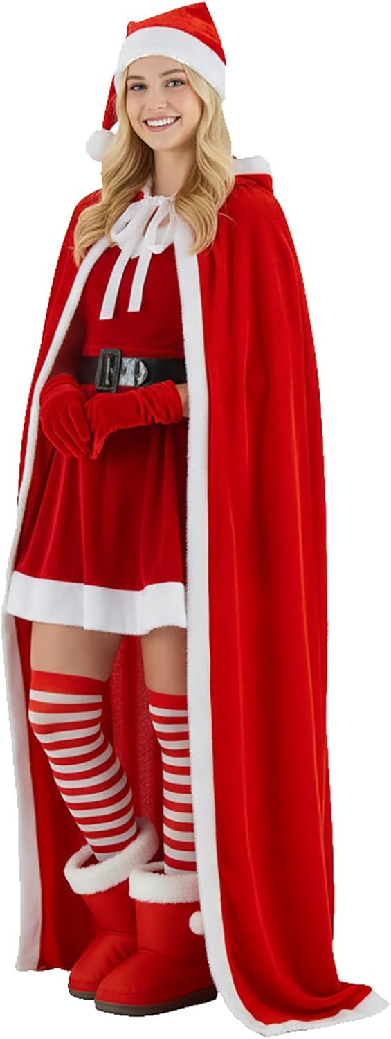 6 Pcs Mrs Claus Costume Cape Velvet Hooded Cloak Shawl Gloves Santa Sack Inflatable Cane Christmas Cindy Outfit - Image 6