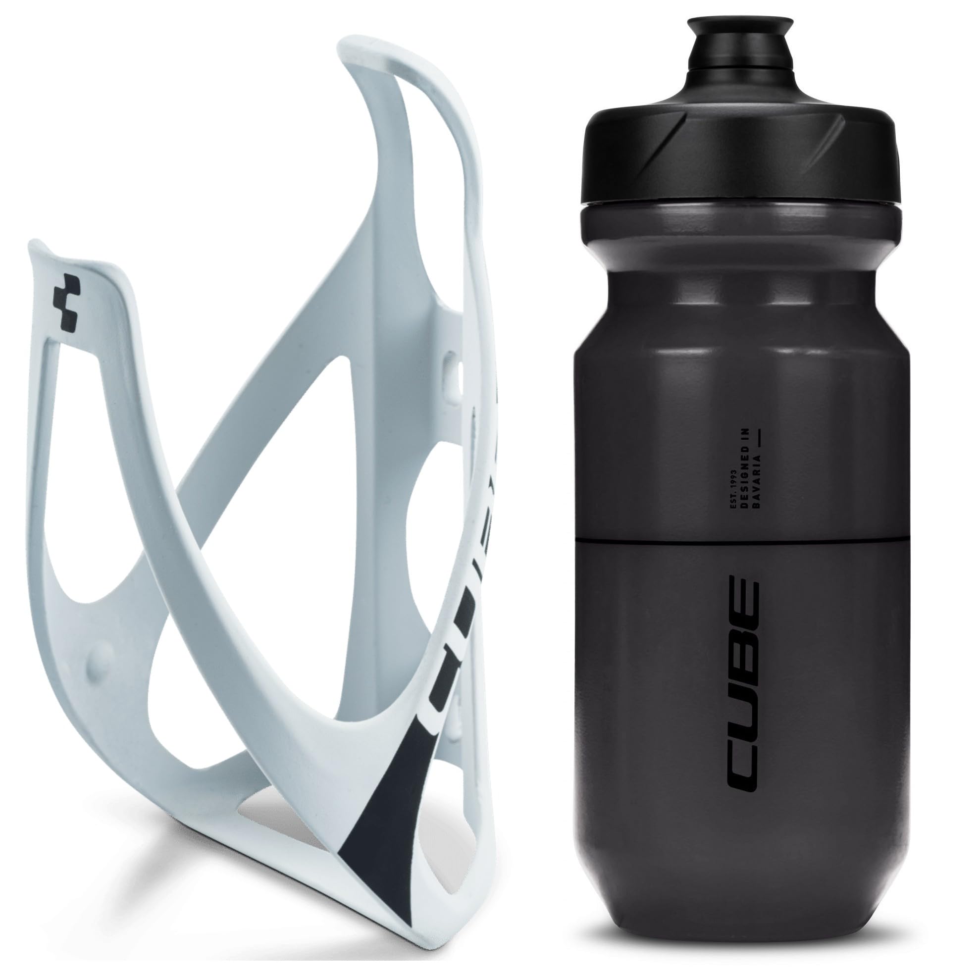 Cube HPP Cage - Light Grey & Flow Bottle - Black, 500ml / Water Drink Flask Vessel Bidon Holder Mount Bracket Kit Lightweight Plastic Drinking Hydration Biking Bike Riding Frame Accessories — image 1