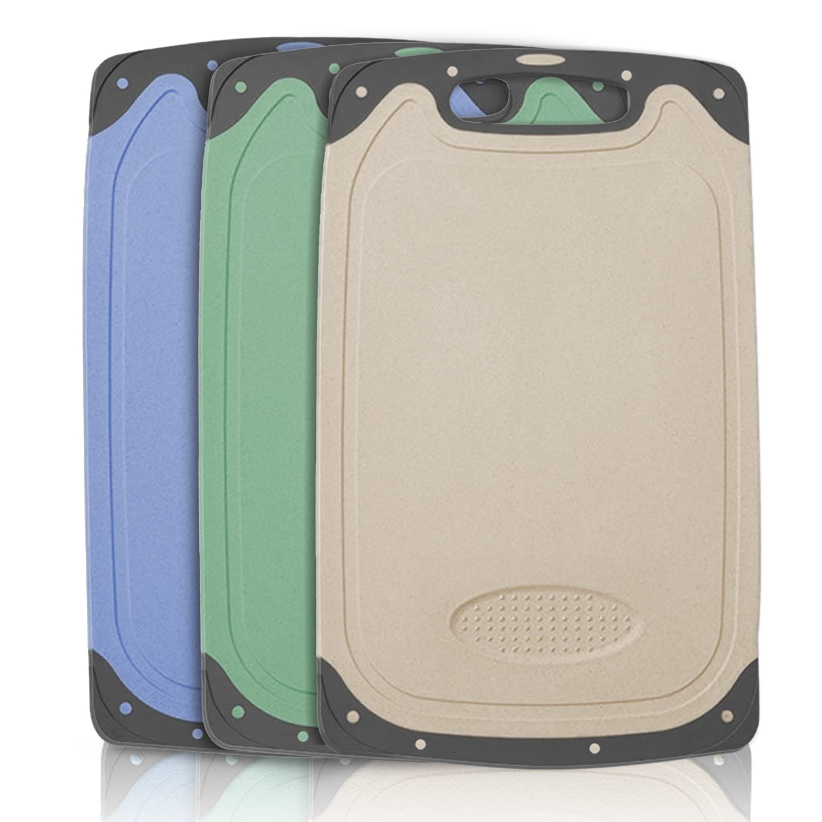 Plastic Cutting Board Set, 3 Pcs, BPA Free, Non-Slip Feet, Deep Drip Juice Groove, Garlic Grinding Groove, Colored, Large, Elegant