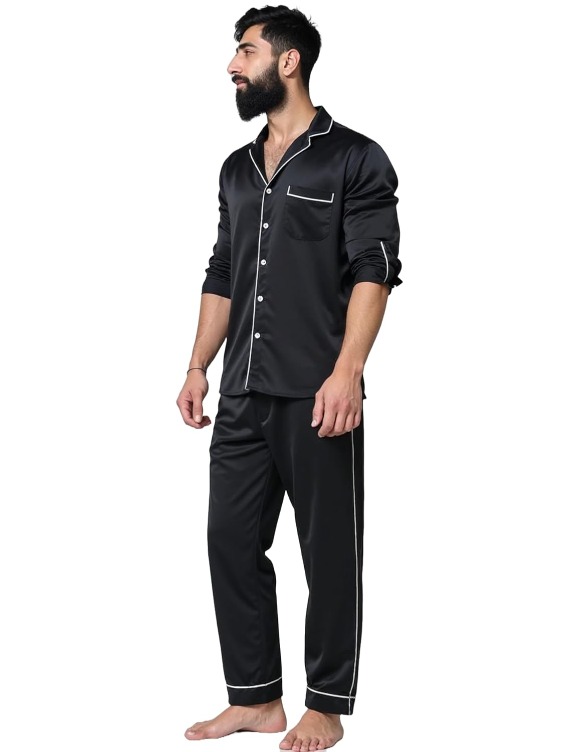 Men’s Silk Pajama Set – Black Full Sleeve Nightwear – Soft, Breathable & Stylish Premium Sleepwear Men’s Silk Pajama Set – Black Full Sleeve Nightwear – Soft, Breathable & Stylish Premium Sleepwear