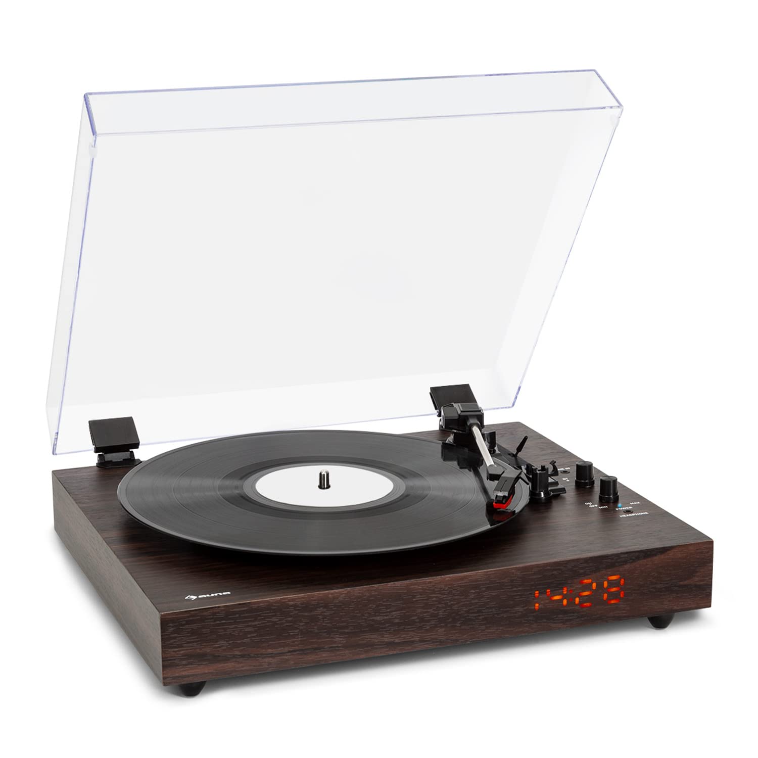 auna TT-Classic Chrono Tourne-disque vinyle avec housse anti-poussière et platine Bluetooth 33/45/78 tr/min Marron